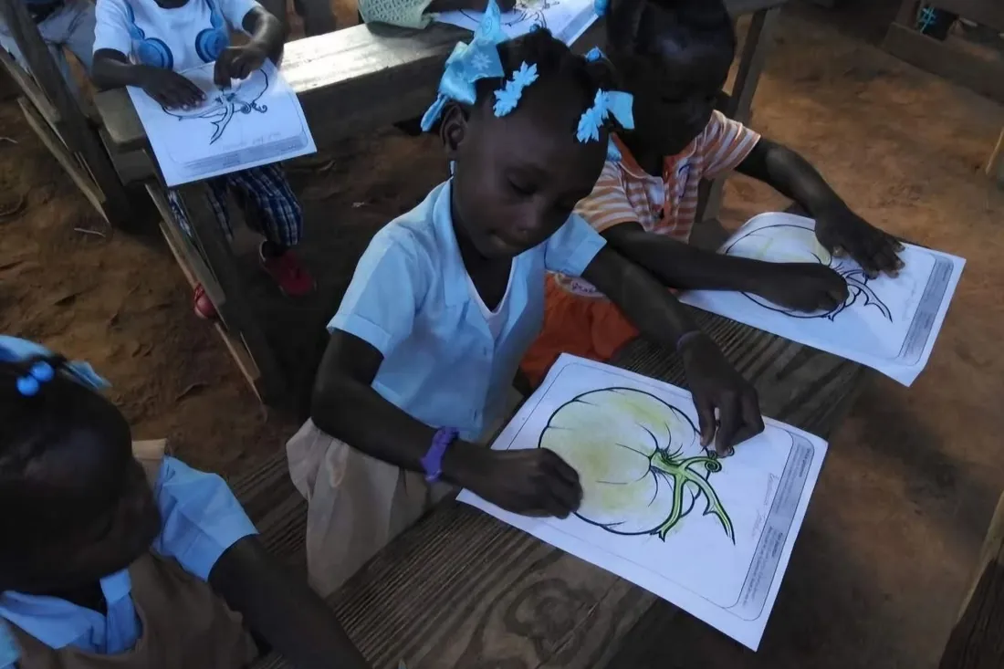 Une élève dessine en classe, Haïti